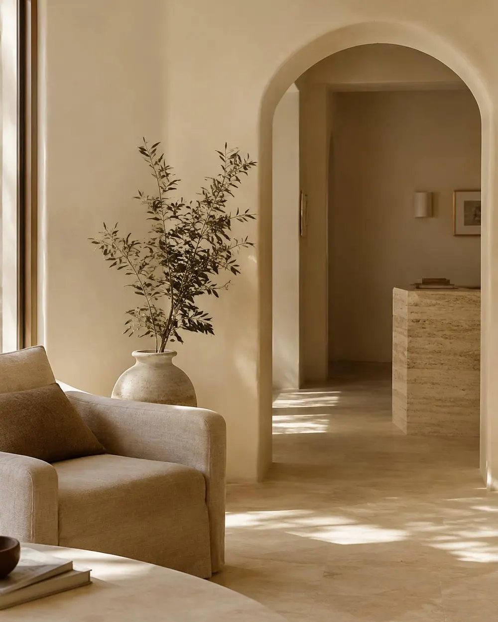 Minimalist sand-toned interior with an arched doorway and an olive branch